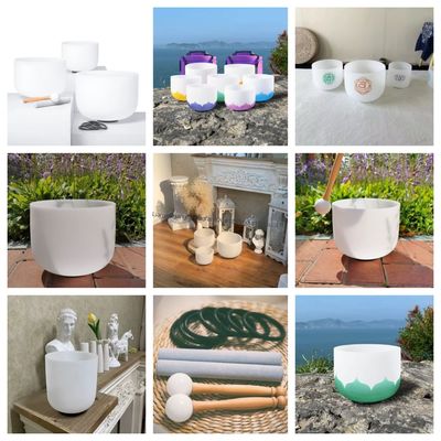 8-20 ইঞ্চি 99.99% কোয়ার্টজ ক্রিস্টাল গানের বাটি শব্দ নিরাময় এবং ধ্যানের জন্য স্বচ্ছ পার্ল হোয়াইট সেট